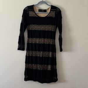 Leyendecker Boho Black Lace Tan Lined Bodycon Cocktail Dress Very Small Large